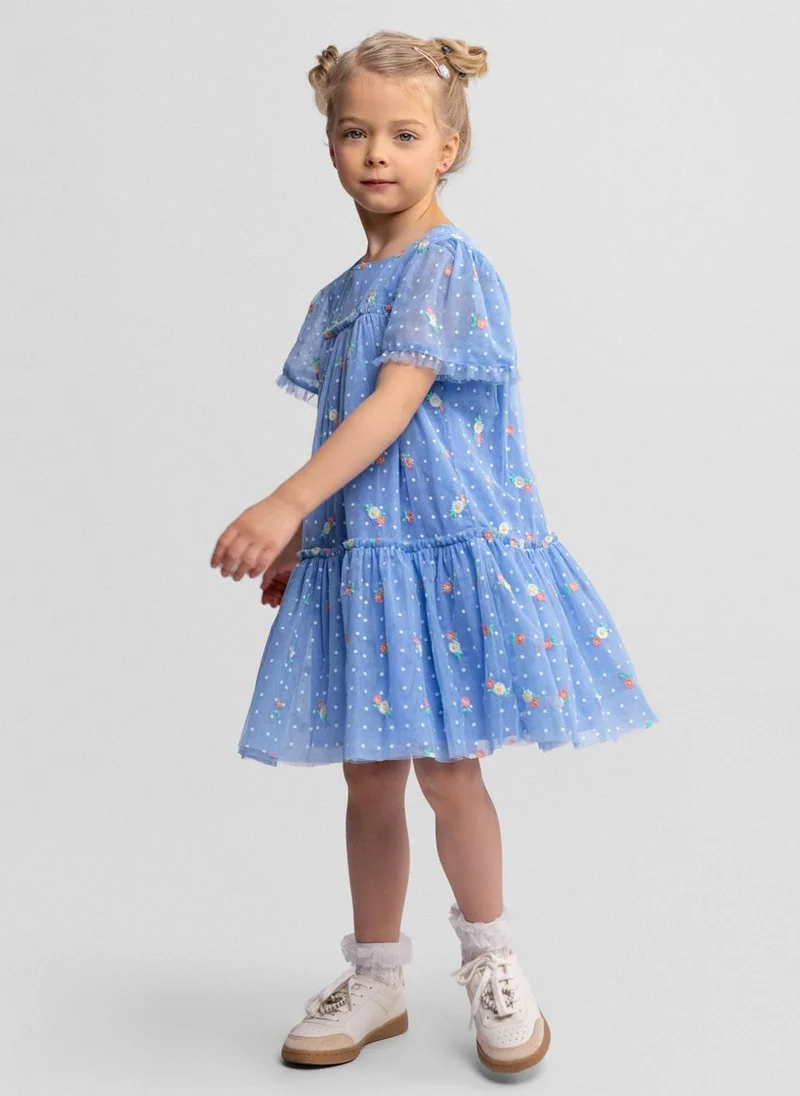 MINOTI Girls blue embroidered tulle dress tiered skirt short sleeves 3 months to 7 years